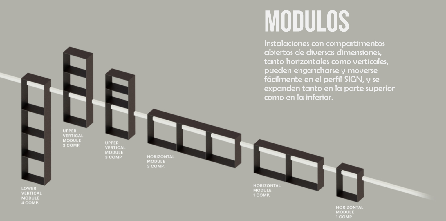 modulos sign l&s estructura negra con LED para living y cocina